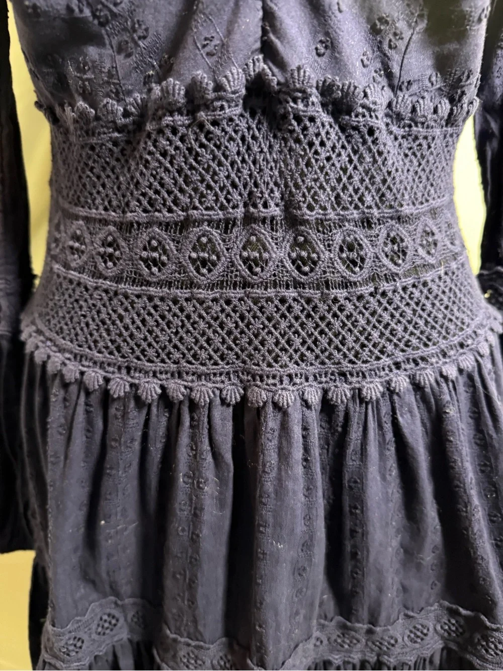 259) Free People Navy Eyelet Lace Boho Mini Dress | Long Sleeve | EUC - Picture 3 of 12